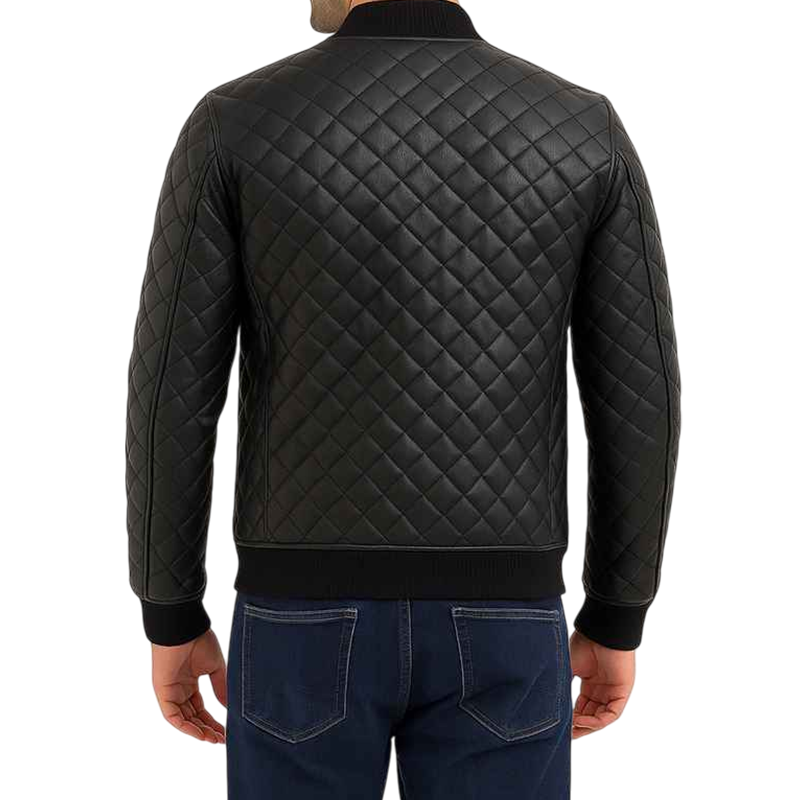 Black Quilted Bomber Leather Jacket for Men