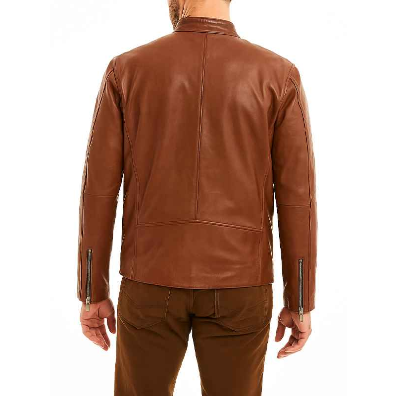 Slim Fit Cafe Racer Leather Jacket in Brown for Men