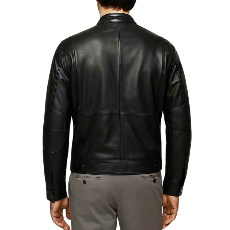 Snap Tab Collar Black Leather Biker Jacket for Men