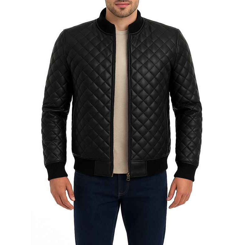 Trendy Men’s Black Quilted Leather Bomber Jacket